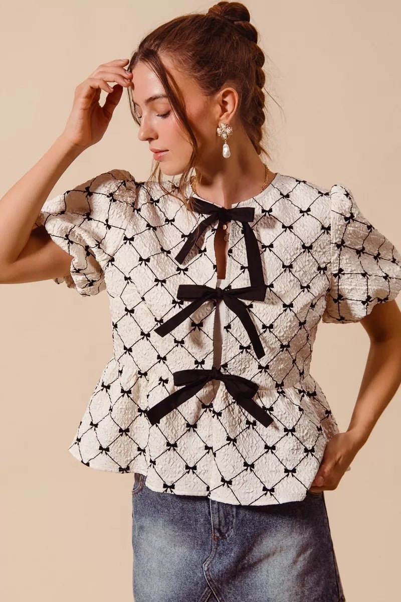 SO ME Bow Texture Woven Peplum Top With Contrast Tie - Bitsy Gypsy Boutique