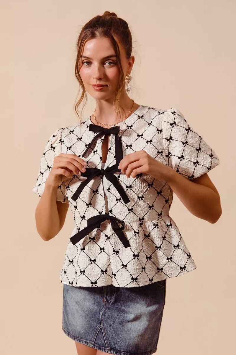 SO ME Bow Texture Woven Peplum Top With Contrast Tie - Bitsy Gypsy Boutique