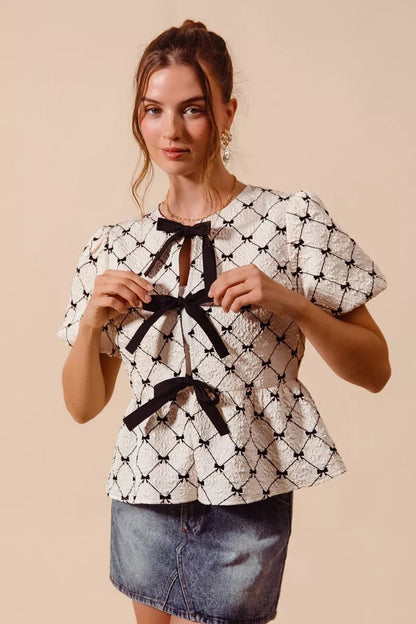 SO ME Bow Texture Woven Peplum Top With Contrast Tie - Bitsy Gypsy Boutique