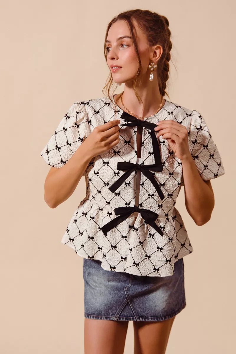 SO ME Bow Texture Woven Peplum Top With Contrast Tie - Bitsy Gypsy Boutique