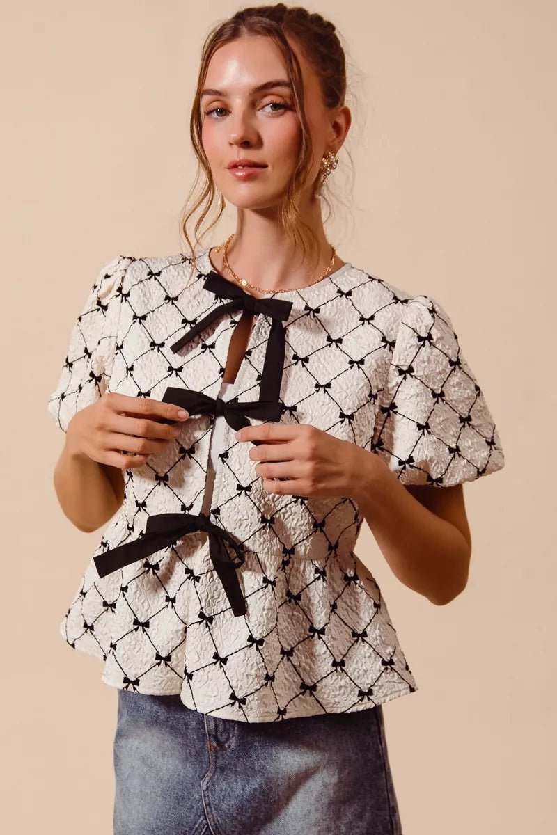 SO ME Bow Texture Woven Peplum Top With Contrast Tie - Bitsy Gypsy Boutique