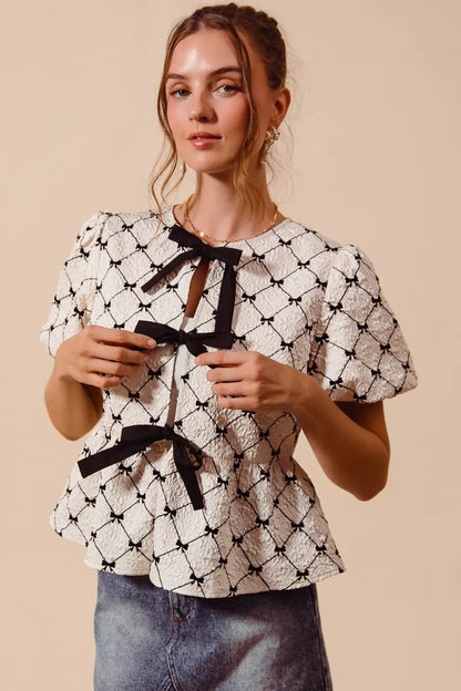 SO ME Bow Texture Woven Peplum Top With Contrast Tie - Bitsy Gypsy Boutique