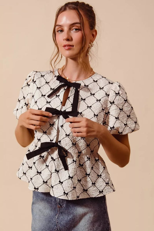 SO ME Bow Texture Woven Peplum Top With Contrast Tie - Bitsy Gypsy Boutique