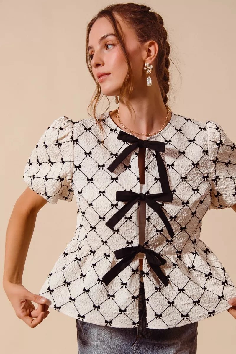 SO ME Bow Texture Woven Peplum Top With Contrast Tie - Bitsy Gypsy Boutique