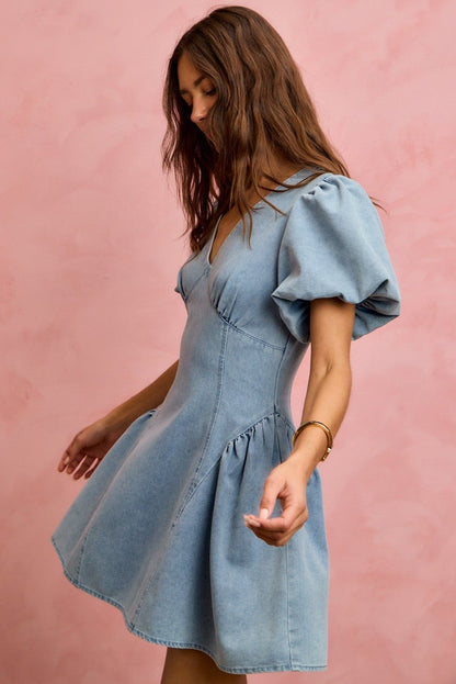 SO ME Bubble Sleeves Denim Fit And Flare Mini Dress - Bitsy Gypsy Boutique