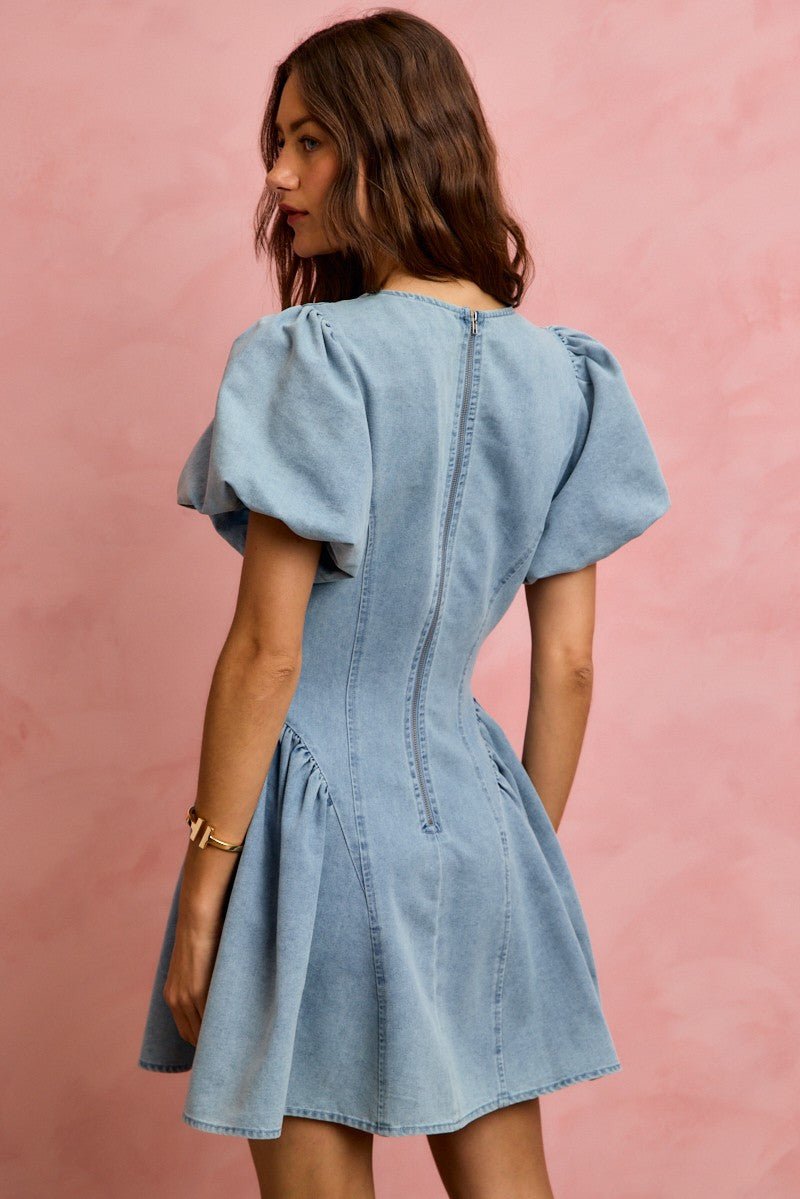 SO ME Bubble Sleeves Denim Fit And Flare Mini Dress - Bitsy Gypsy Boutique