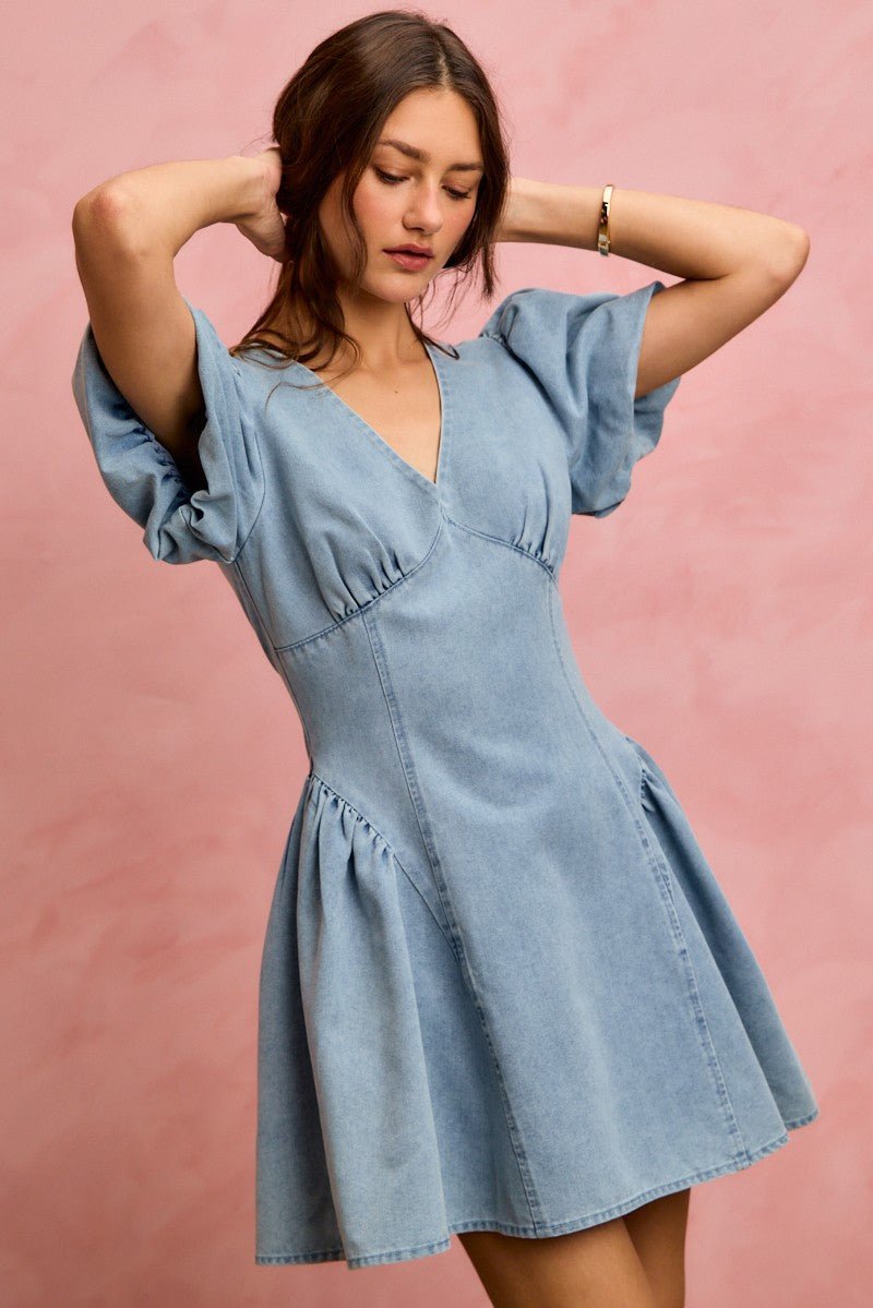 SO ME Bubble Sleeves Denim Fit And Flare Mini Dress - Bitsy Gypsy Boutique
