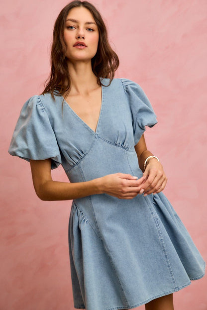 SO ME Bubble Sleeves Denim Fit And Flare Mini Dress - Bitsy Gypsy Boutique