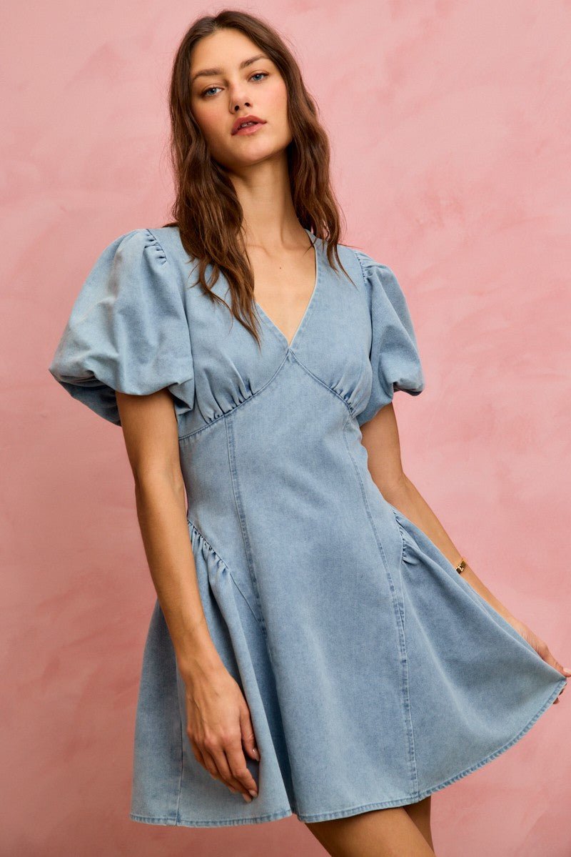 SO ME Bubble Sleeves Denim Fit And Flare Mini Dress - Bitsy Gypsy Boutique