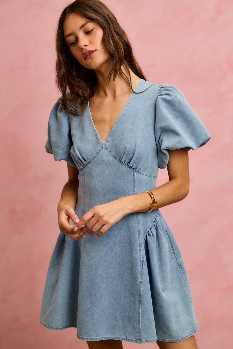 SO ME Bubble Sleeves Denim Fit And Flare Mini Dress - Bitsy Gypsy Boutique