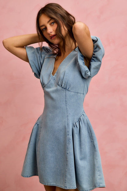 SO ME Bubble Sleeves Denim Fit And Flare Mini Dress - Bitsy Gypsy Boutique