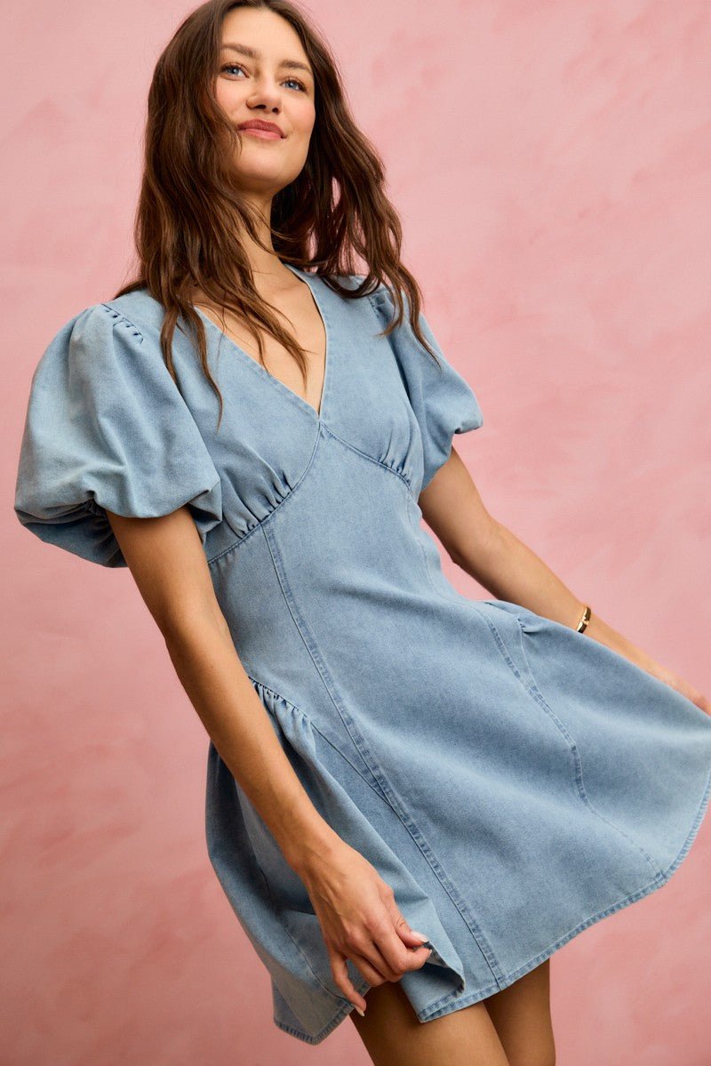 SO ME Bubble Sleeves Denim Fit And Flare Mini Dress - Bitsy Gypsy Boutique