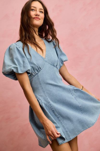 SO ME Bubble Sleeves Denim Fit And Flare Mini Dress - Bitsy Gypsy Boutique