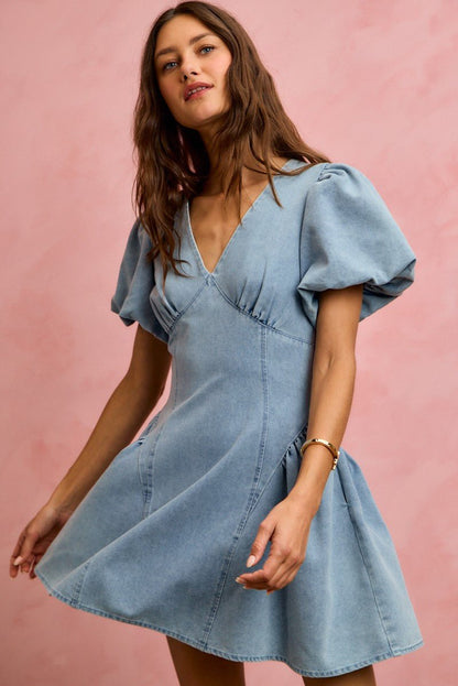 SO ME Bubble Sleeves Denim Fit And Flare Mini Dress - Bitsy Gypsy Boutique