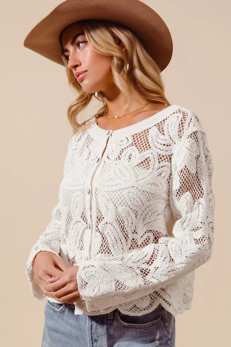 SO ME Button Front Floral Pattern Crochet Lace Cardigan - Bitsy Gypsy Boutique