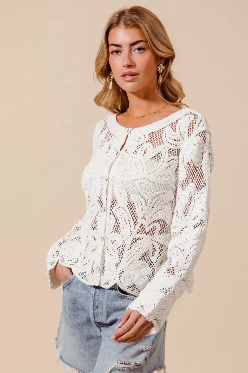 SO ME Button Front Floral Pattern Crochet Lace Cardigan - Bitsy Gypsy Boutique