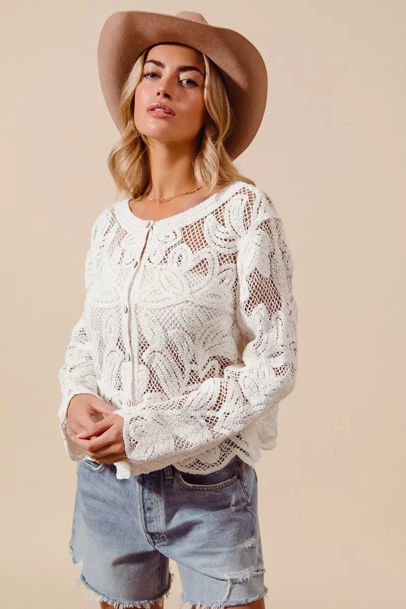 SO ME Button Front Floral Pattern Crochet Lace Cardigan - Bitsy Gypsy Boutique