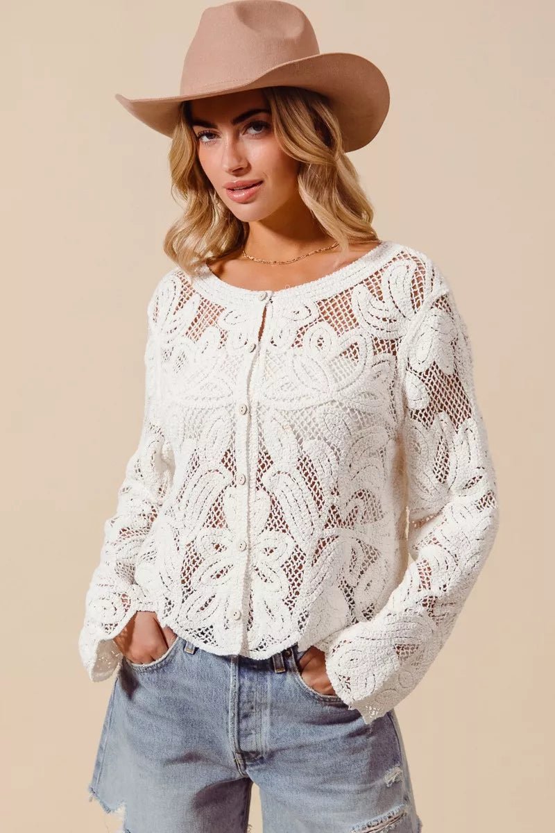 SO ME Button Front Floral Pattern Crochet Lace Cardigan - Bitsy Gypsy Boutique