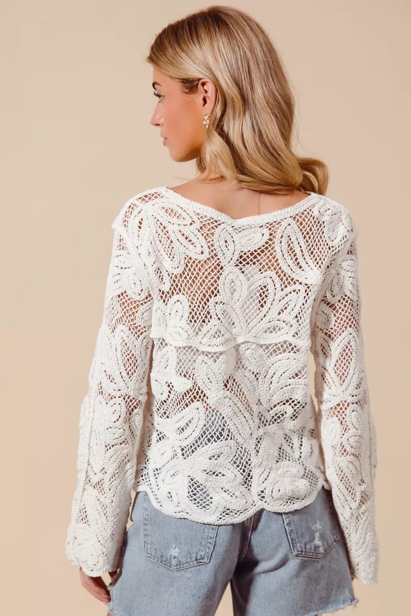 SO ME Button Front Floral Pattern Crochet Lace Cardigan - Bitsy Gypsy Boutique