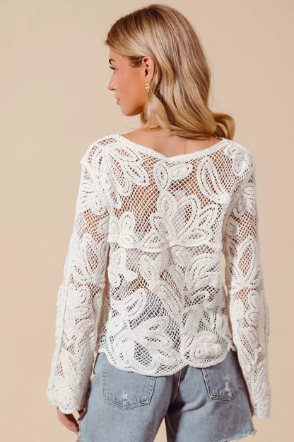 SO ME Button Front Floral Pattern Crochet Lace Cardigan - Bitsy Gypsy Boutique