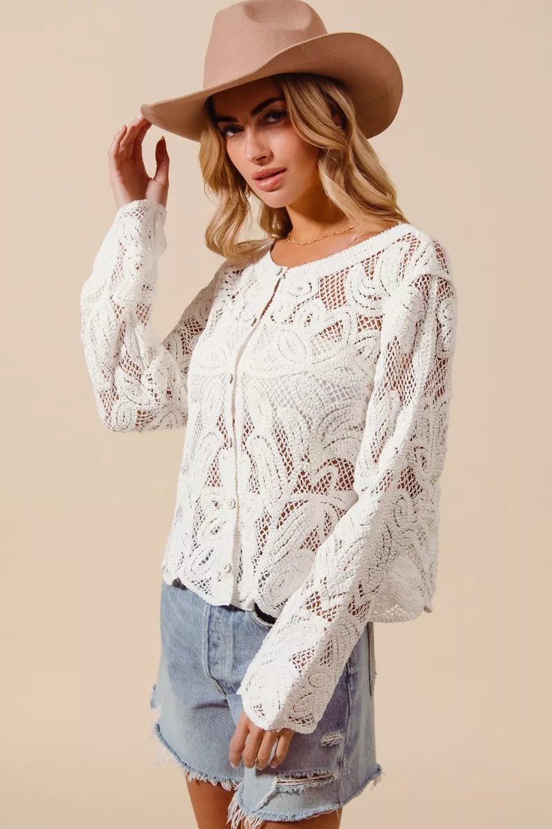 SO ME Button Front Floral Pattern Crochet Lace Cardigan - Bitsy Gypsy Boutique