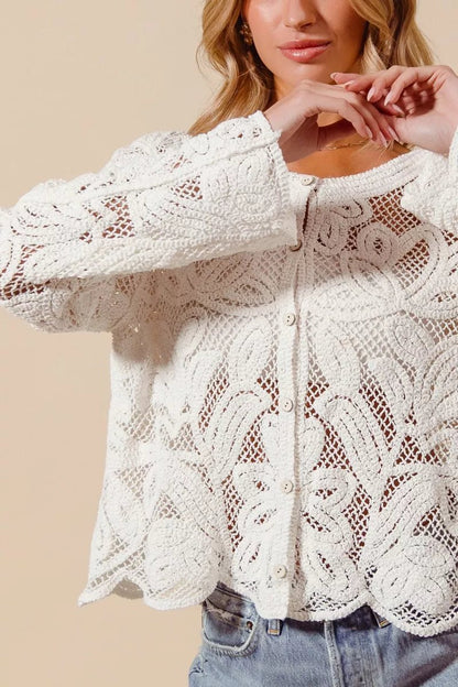 SO ME Button Front Floral Pattern Crochet Lace Cardigan - Bitsy Gypsy Boutique