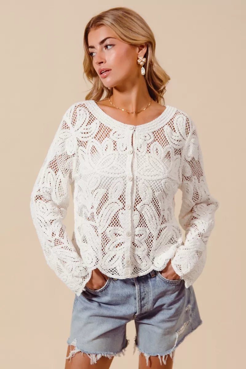 SO ME Button Front Floral Pattern Crochet Lace Cardigan - Bitsy Gypsy Boutique