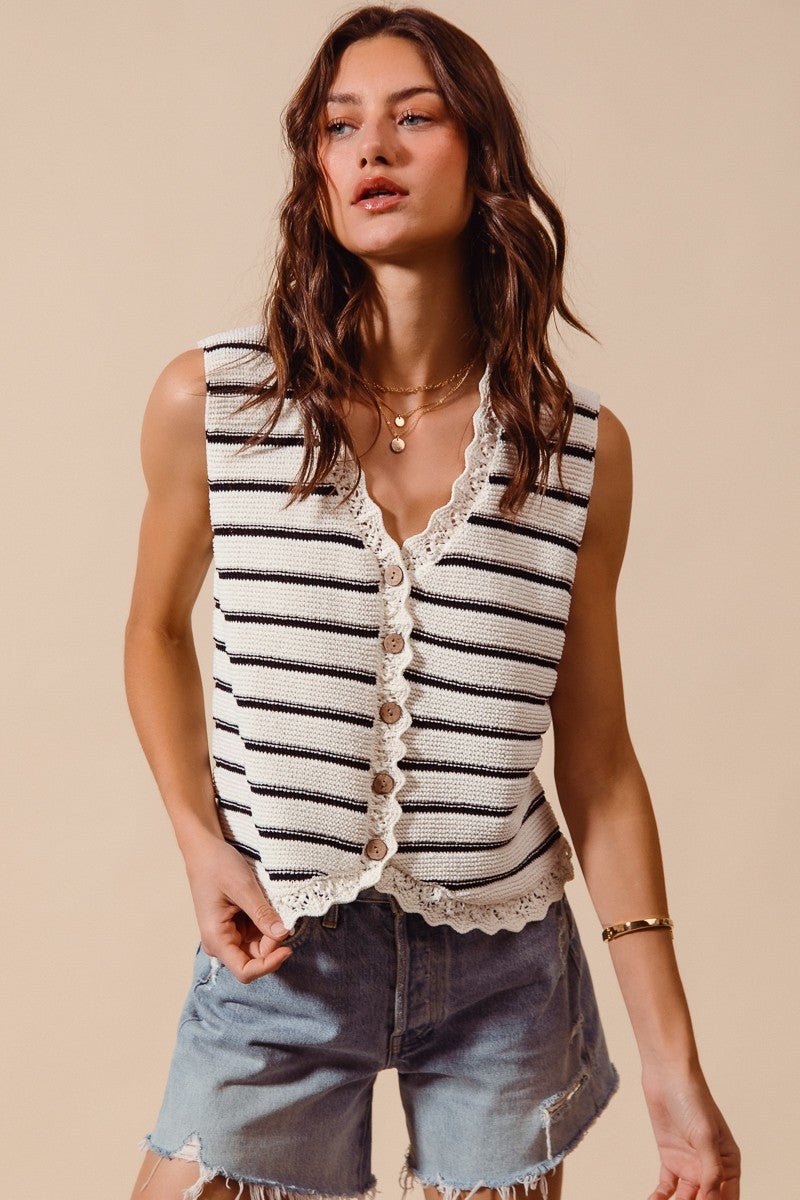 SO ME Buttoned Front Stripe Texture Knitted Sweater Vest - Bitsy Gypsy Boutique