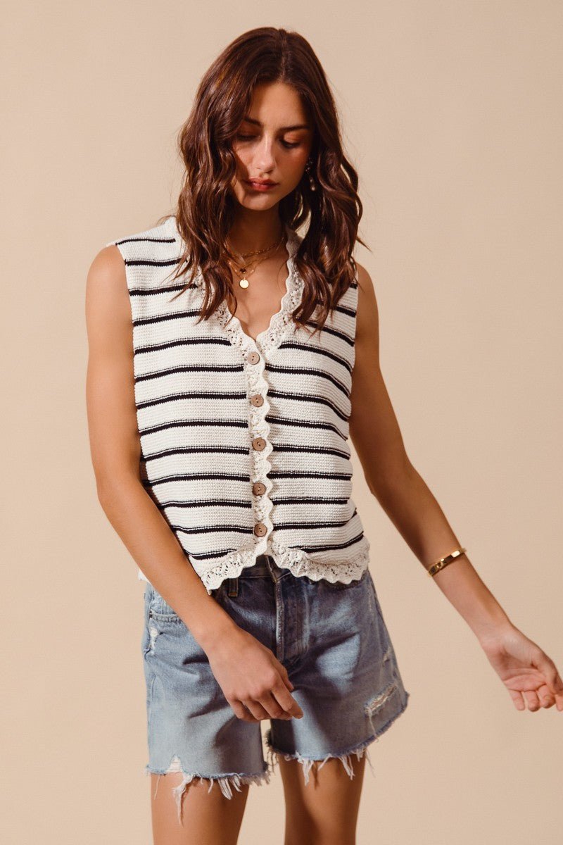 SO ME Buttoned Front Stripe Texture Knitted Sweater Vest - Bitsy Gypsy Boutique