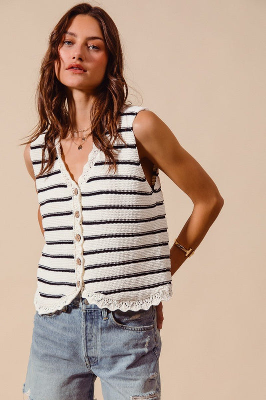 SO ME Buttoned Front Stripe Texture Knitted Sweater Vest - Bitsy Gypsy Boutique