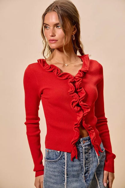 SO ME Cascade Ruffle Ribbed Sweater Cardgian - Bitsy Gypsy Boutique