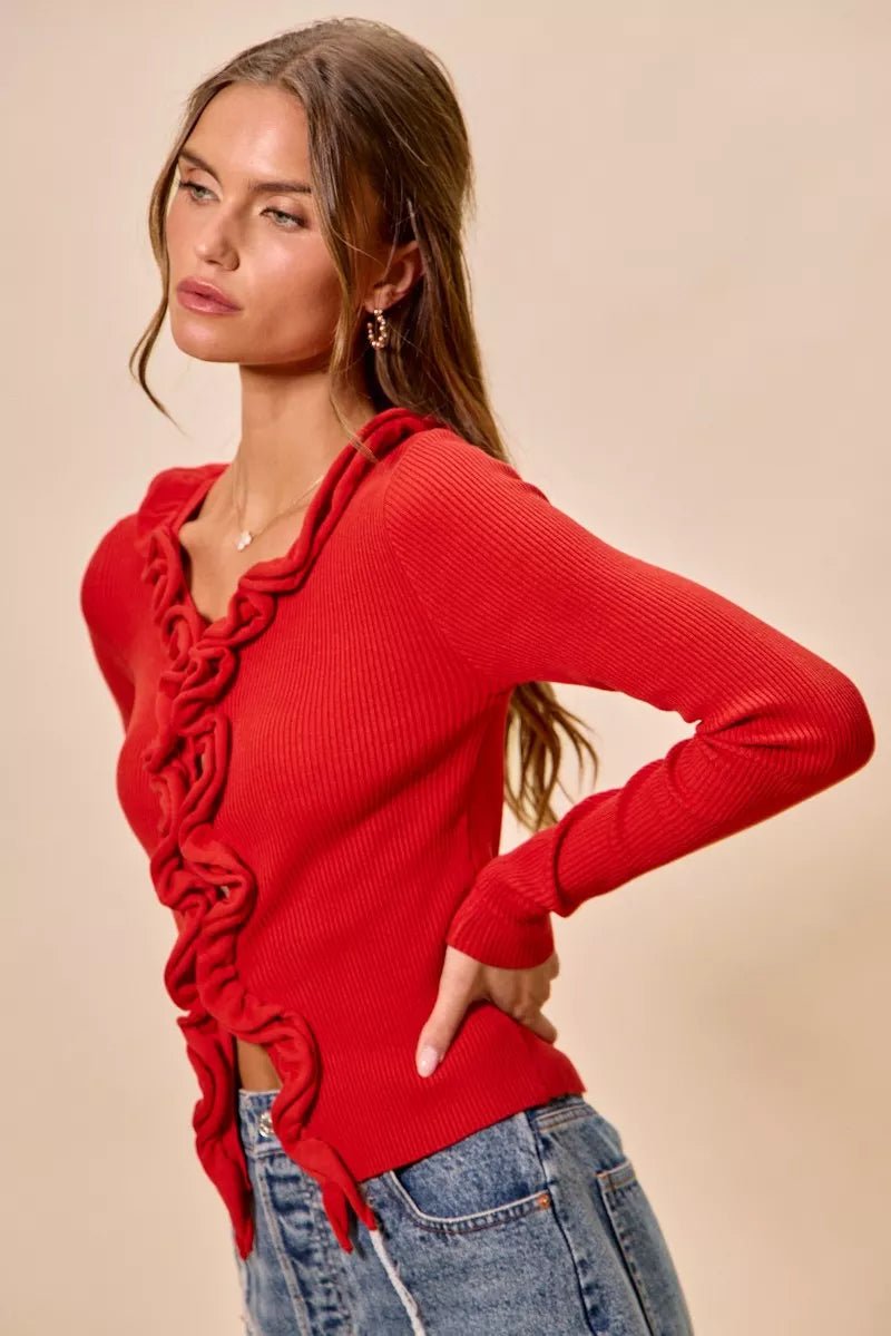 SO ME Cascade Ruffle Ribbed Sweater Cardgian - Bitsy Gypsy Boutique