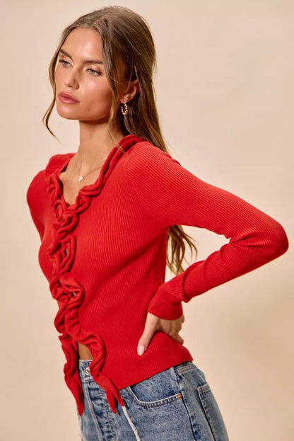 SO ME Cascade Ruffle Ribbed Sweater Cardgian - Bitsy Gypsy Boutique