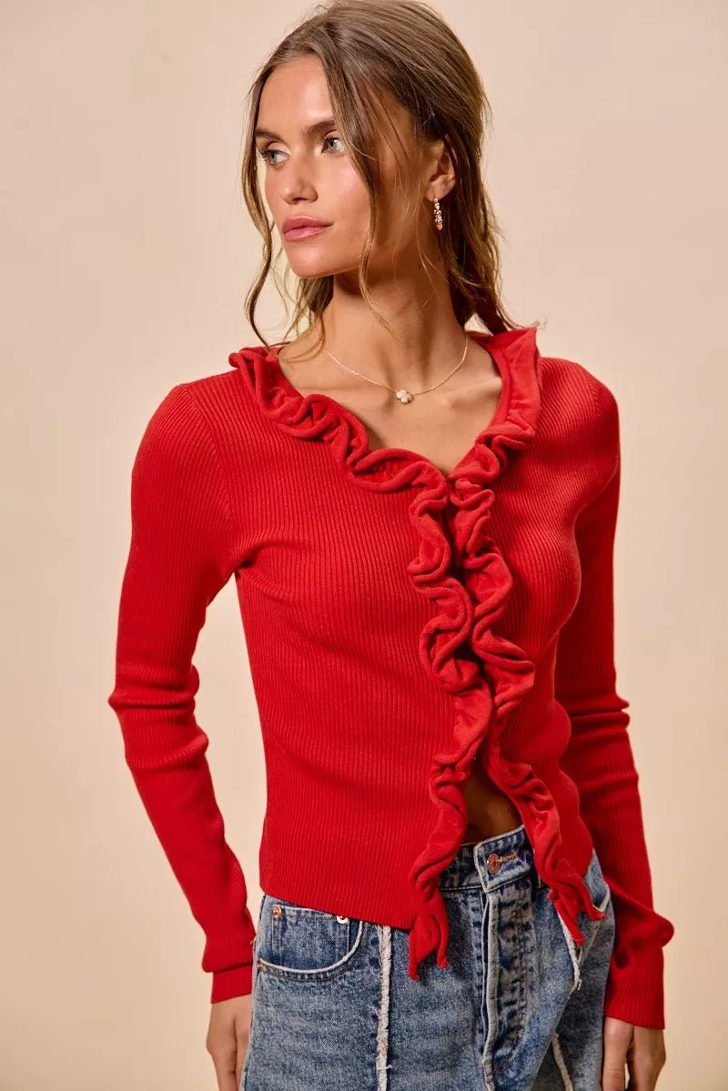 SO ME Cascade Ruffle Ribbed Sweater Cardgian - Bitsy Gypsy Boutique