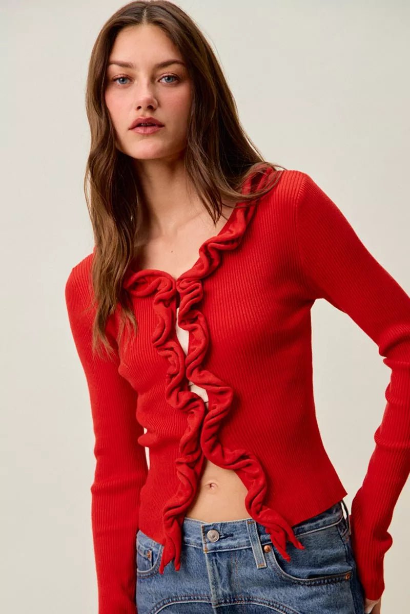 SO ME Cascade Ruffle Ribbed Sweater Cardgian - Bitsy Gypsy Boutique