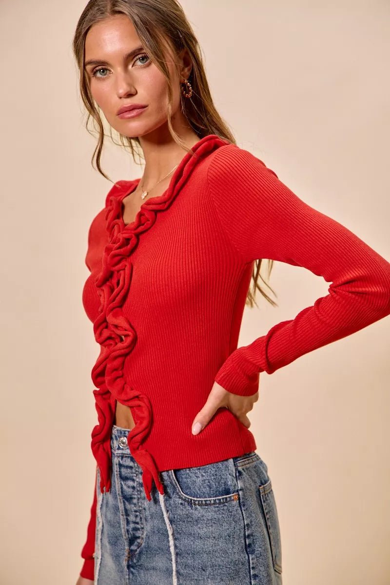 SO ME Cascade Ruffle Ribbed Sweater Cardgian - Bitsy Gypsy Boutique