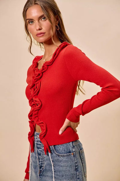 SO ME Cascade Ruffle Ribbed Sweater Cardgian - Bitsy Gypsy Boutique