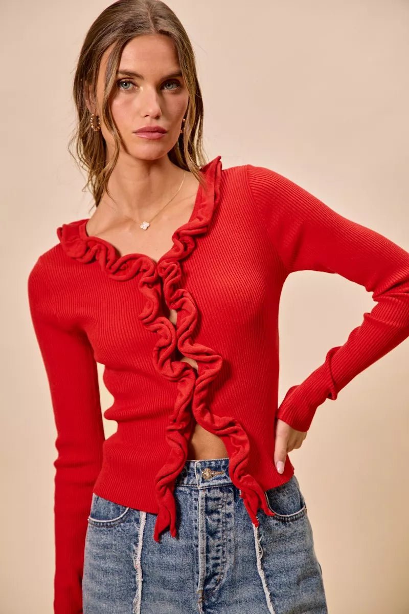 SO ME Cascade Ruffle Ribbed Sweater Cardgian - Bitsy Gypsy Boutique