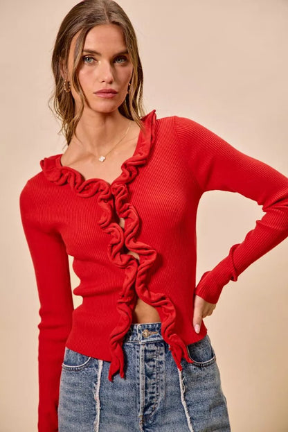 SO ME Cascade Ruffle Ribbed Sweater Cardgian - Bitsy Gypsy Boutique