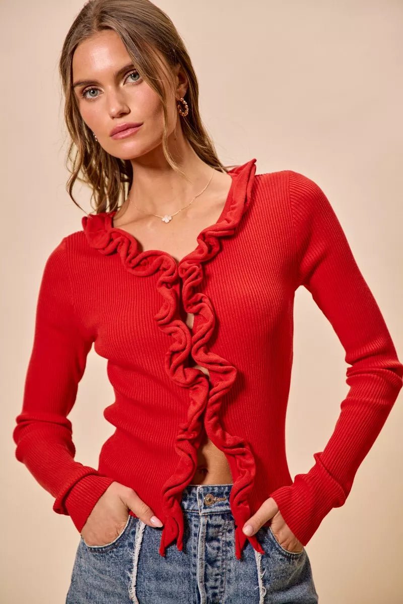 SO ME Cascade Ruffle Ribbed Sweater Cardgian - Bitsy Gypsy Boutique