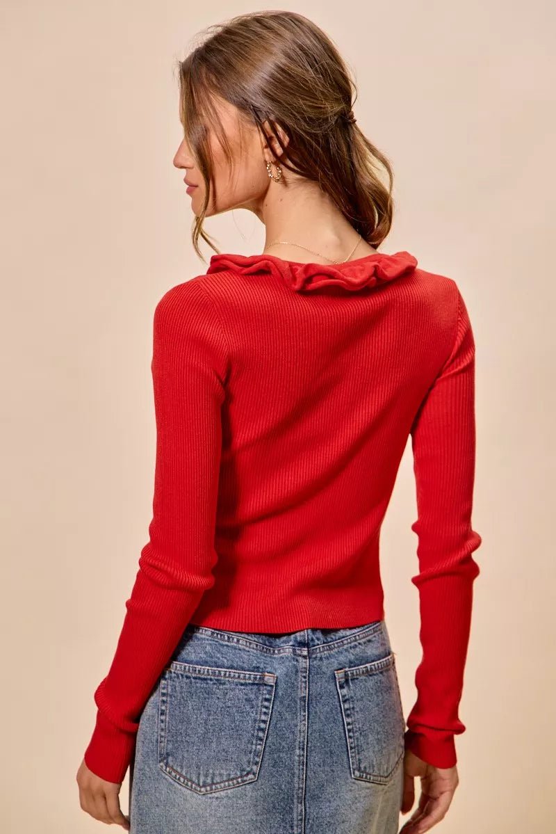 SO ME Cascade Ruffle Ribbed Sweater Cardgian - Bitsy Gypsy Boutique