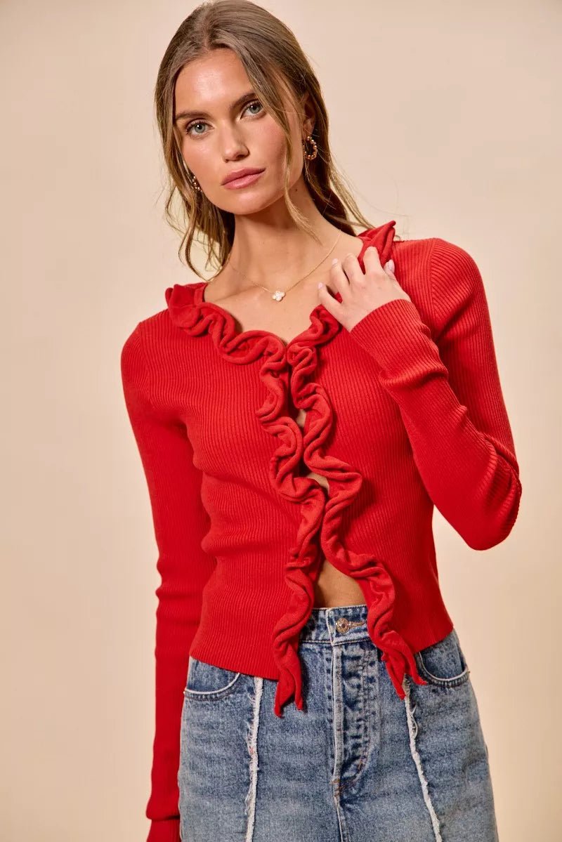 SO ME Cascade Ruffle Ribbed Sweater Cardgian - Bitsy Gypsy Boutique