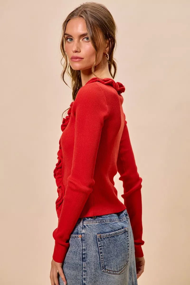 SO ME Cascade Ruffle Ribbed Sweater Cardgian - Bitsy Gypsy Boutique