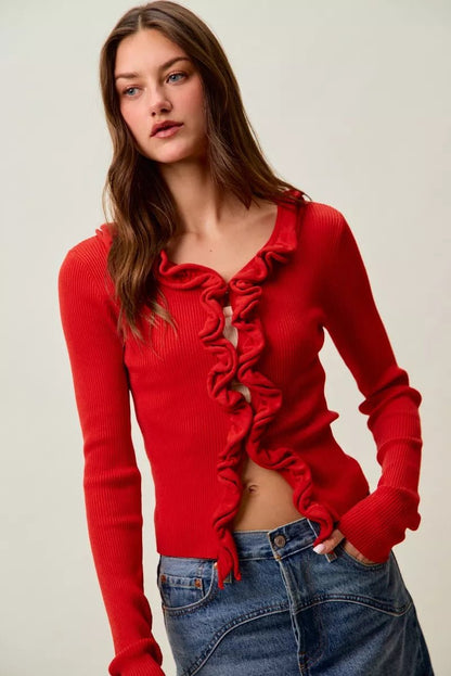 SO ME Cascade Ruffle Ribbed Sweater Cardgian - Bitsy Gypsy Boutique