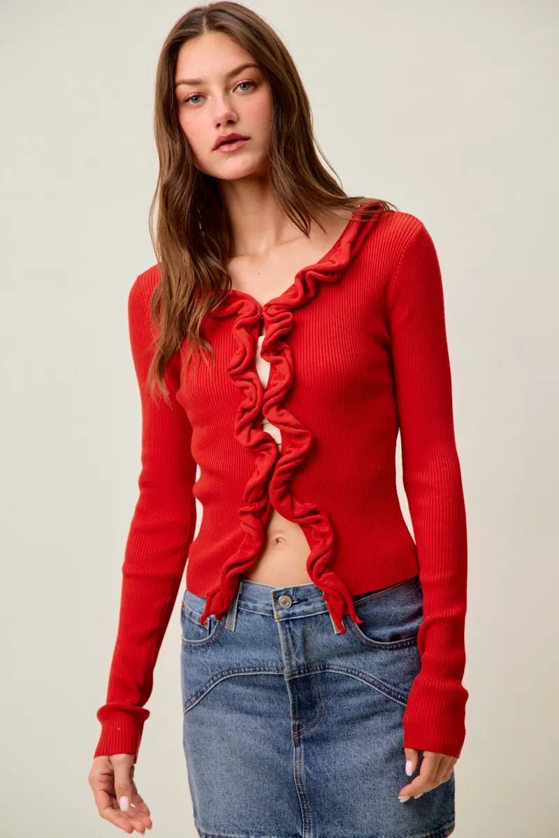 SO ME Cascade Ruffle Ribbed Sweater Cardgian - Bitsy Gypsy Boutique