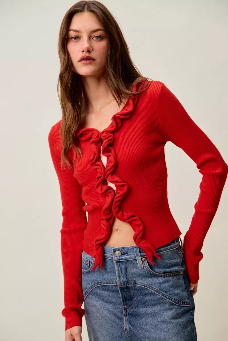 SO ME Cascade Ruffle Ribbed Sweater Cardgian - Bitsy Gypsy Boutique