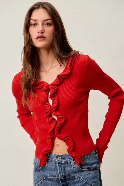 SO ME Cascade Ruffle Ribbed Sweater Cardgian - Bitsy Gypsy Boutique