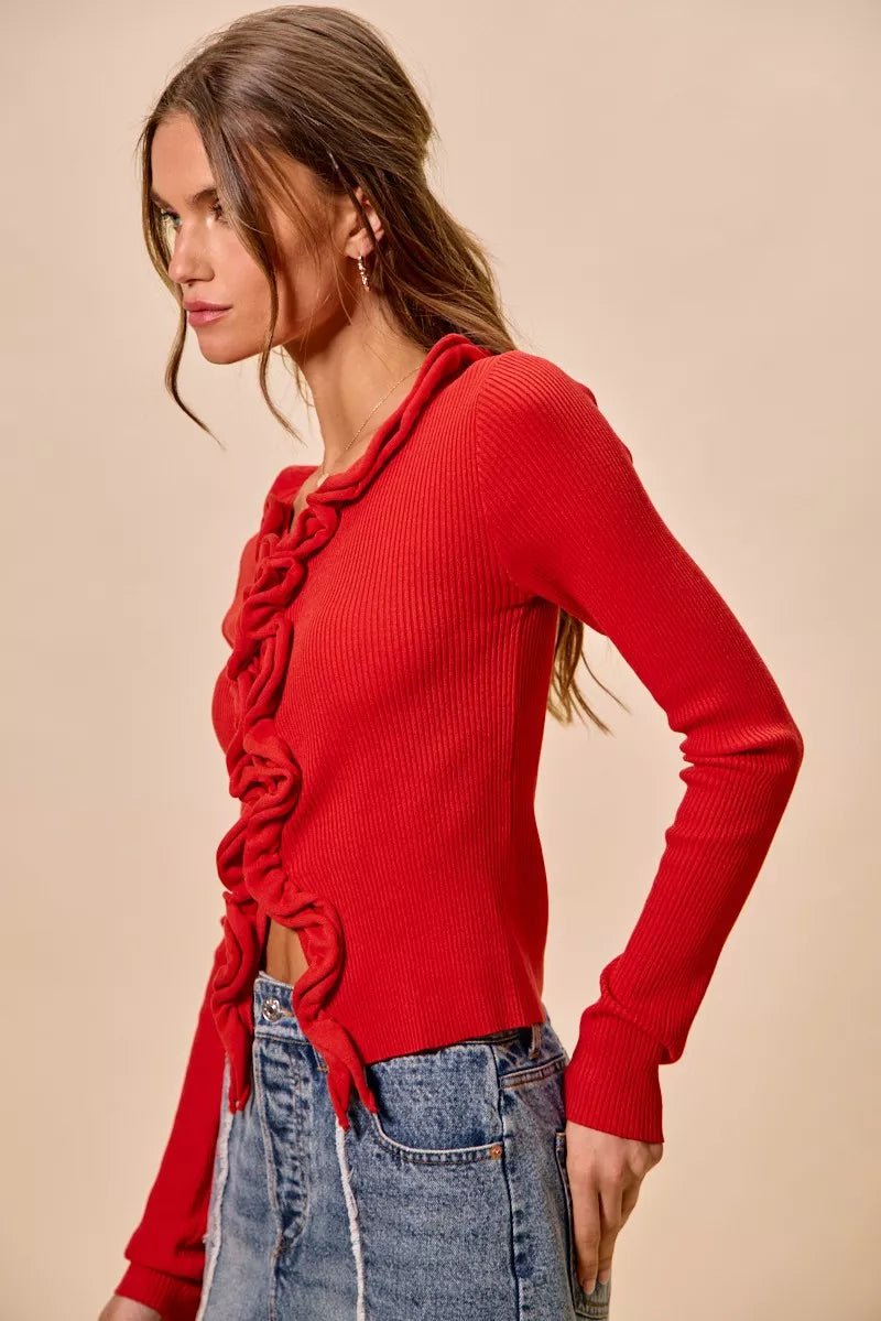 SO ME Cascade Ruffle Ribbed Sweater Cardgian - Bitsy Gypsy Boutique