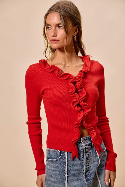 SO ME Cascade Ruffle Ribbed Sweater Cardgian - Bitsy Gypsy Boutique