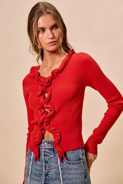 SO ME Cascade Ruffle Ribbed Sweater Cardgian - Bitsy Gypsy Boutique